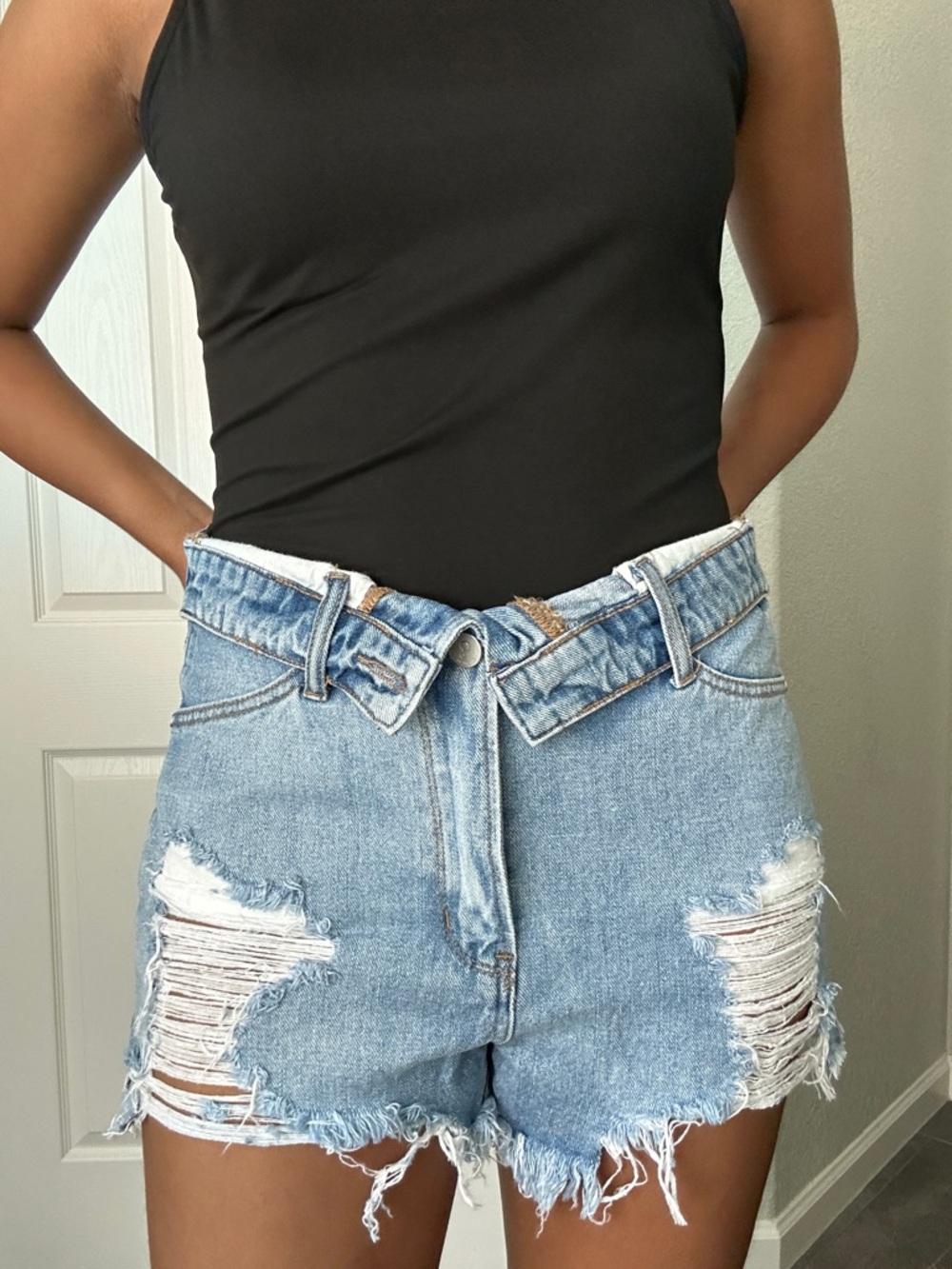 Women’s Distressed Denim Flip Waistband Shorts